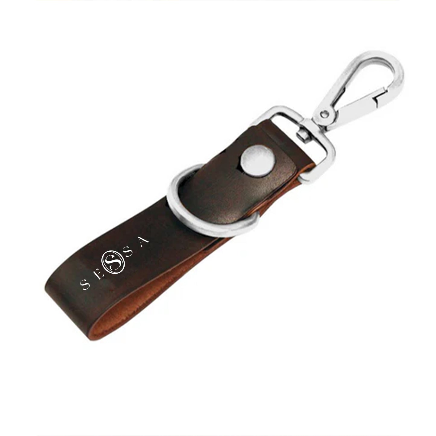 White Steel & Brown Leather Keychain – Embossed Logo & Durable Design