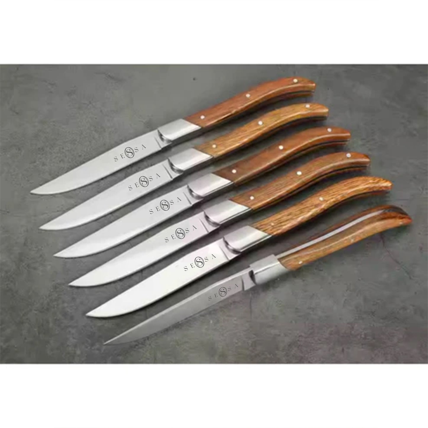 6-Piece Steak Knives Set – Stainless Steel & Wood Handle, Sharp Serrated Blades