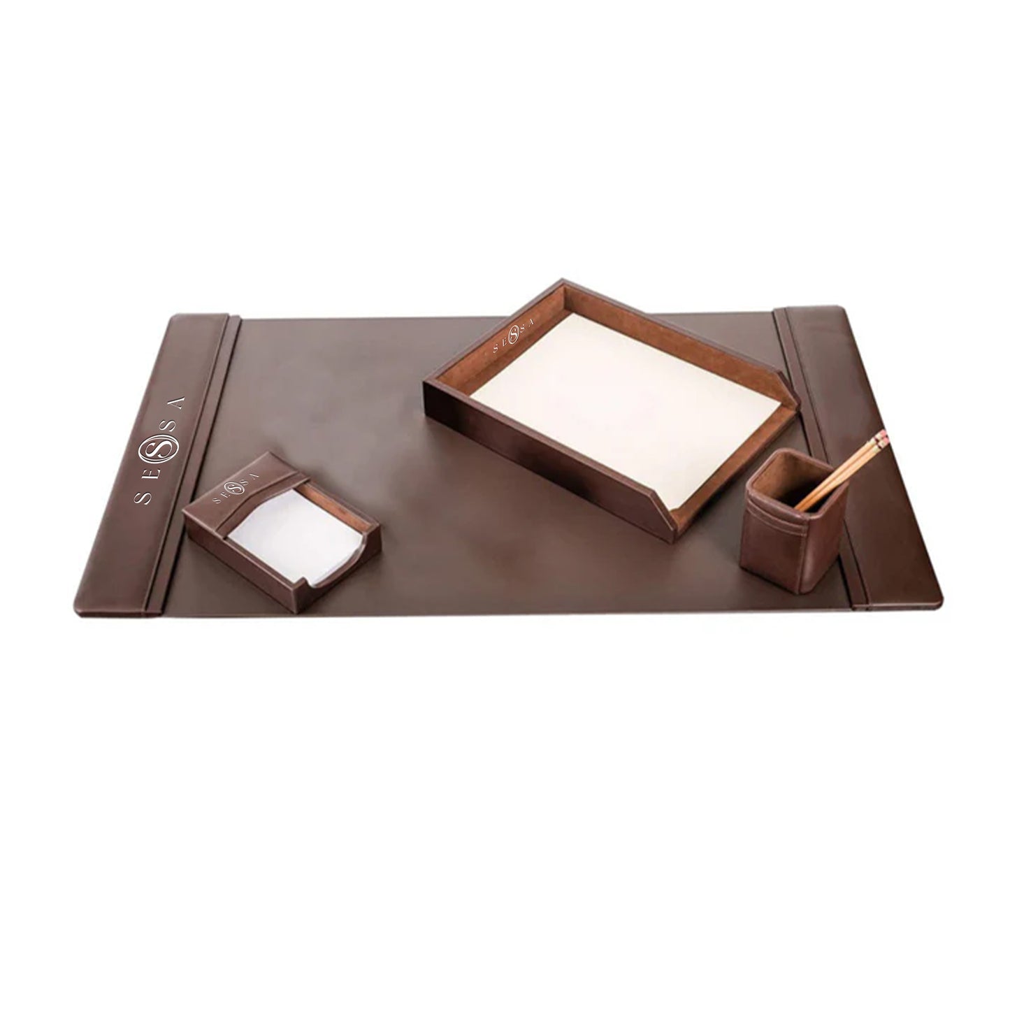 Brown Leather Desktop Stationery Set – Executive Office Desk Organizer