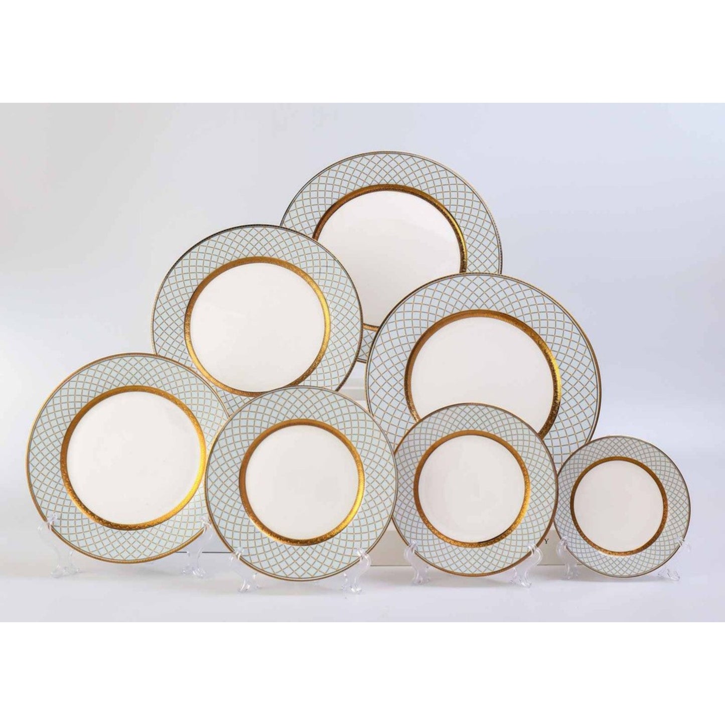 White Ceramic Dinnerware Set with Purple Line Edge Pattern, Golden Rim, and Shiny Surface – 7-Piece Collection