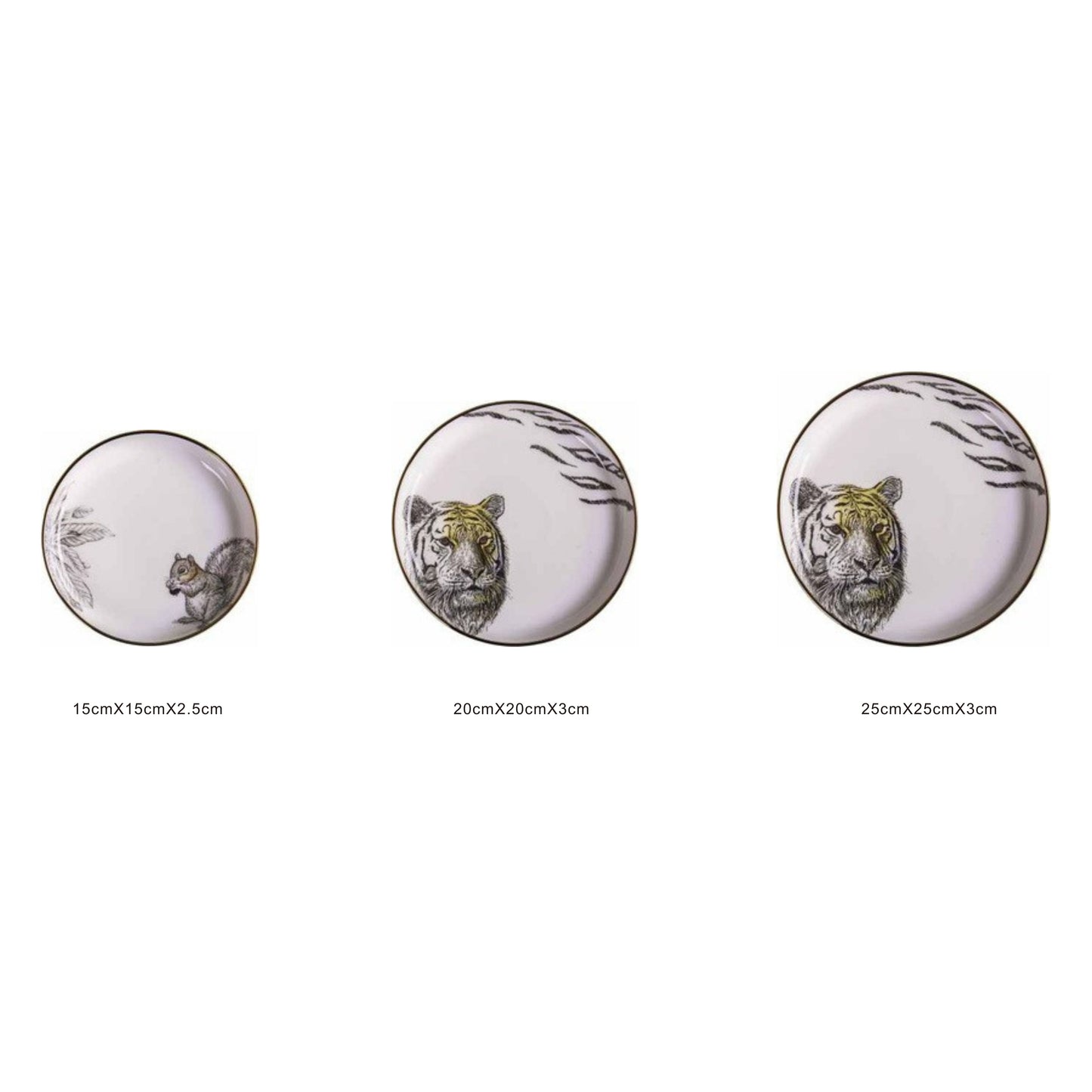 White ceramic round plate with animal face design, golden edges, and shiny surface