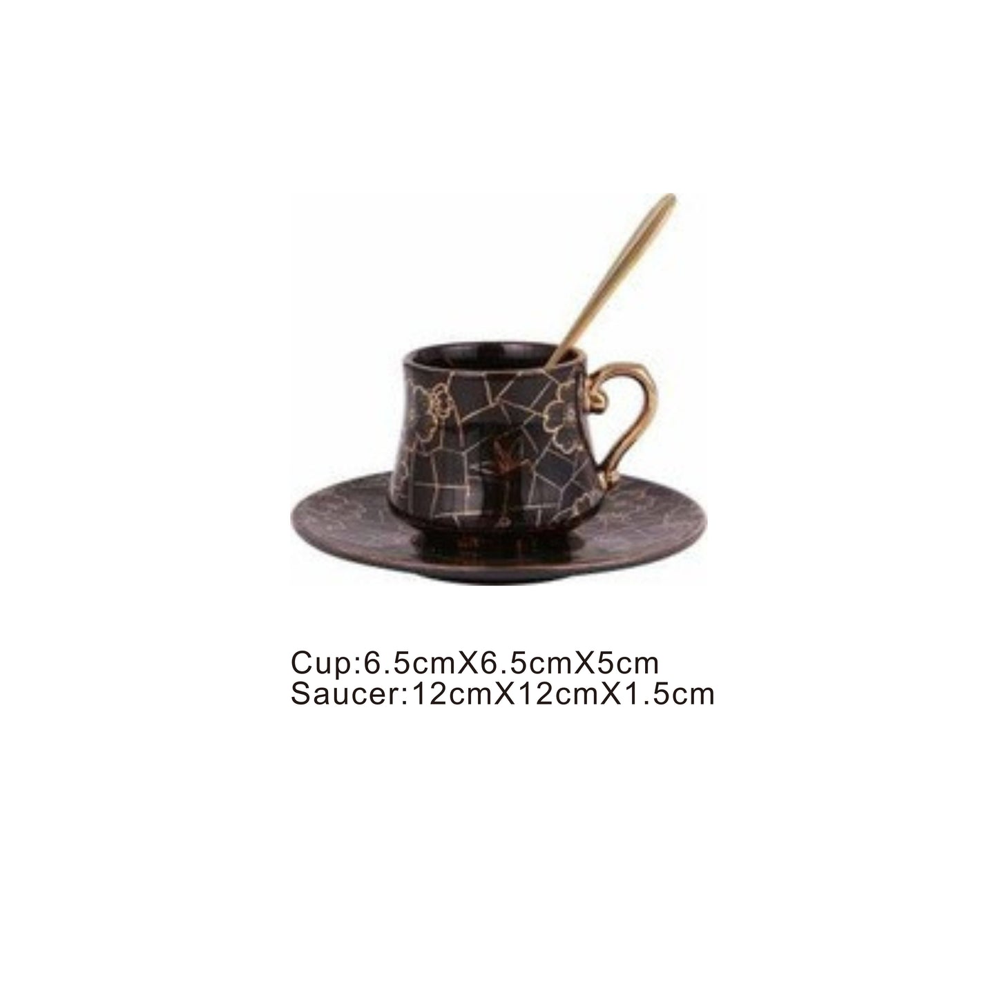 Black ceramic cup and saucer set with golden pattern and handle