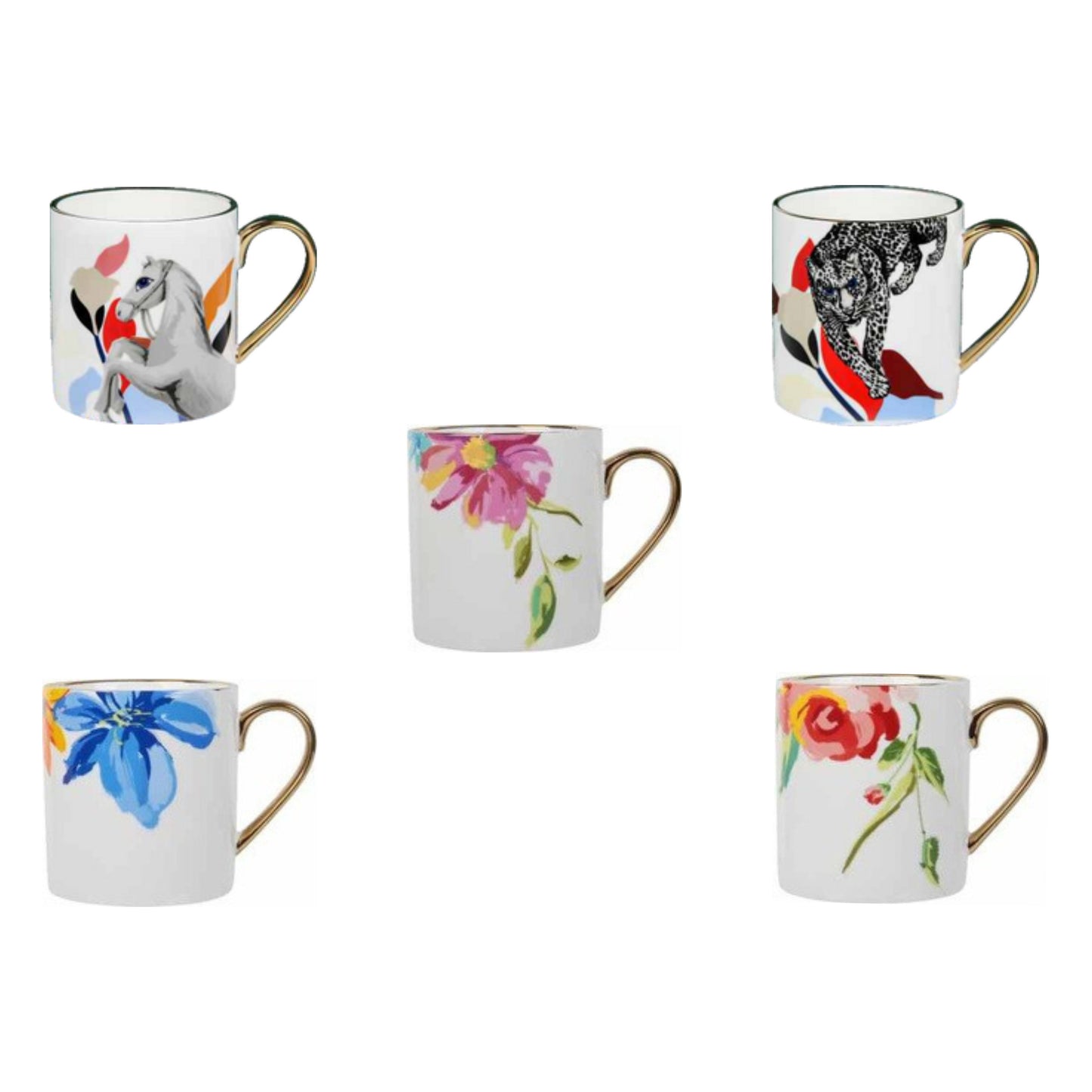 Mug with animal faces, colorful flowers, golden edges, and shiny surface