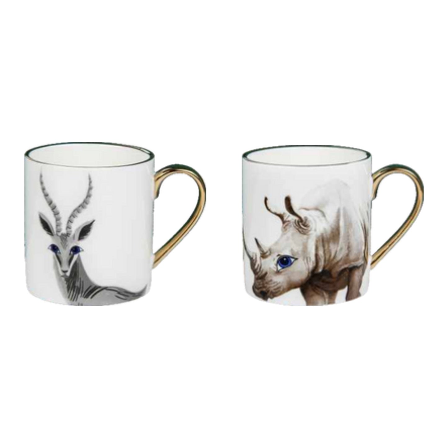Mug with animal faces, golden edges, and shiny surface