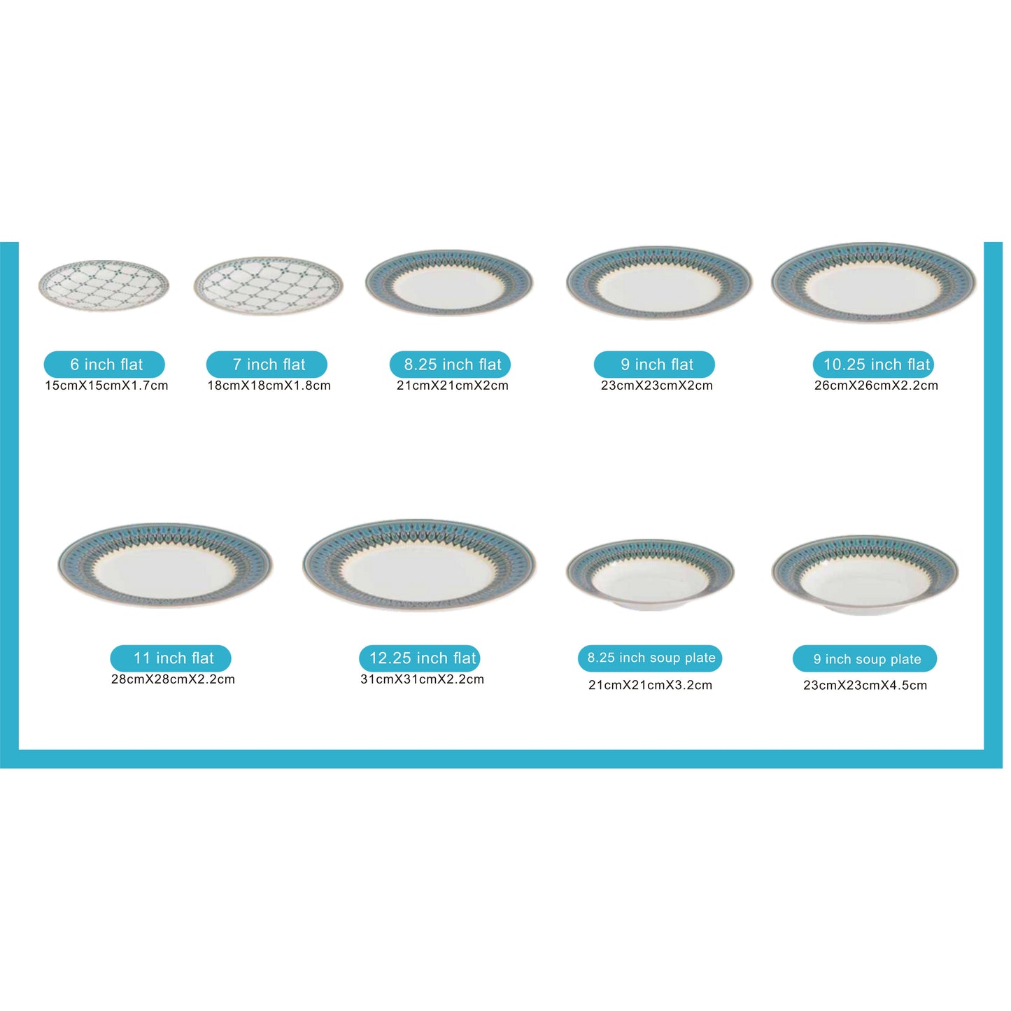White Ceramic Dinnerware Set with Grey and Sky Blue Edge Pattern and Shiny Surface – 9-Piece Collection