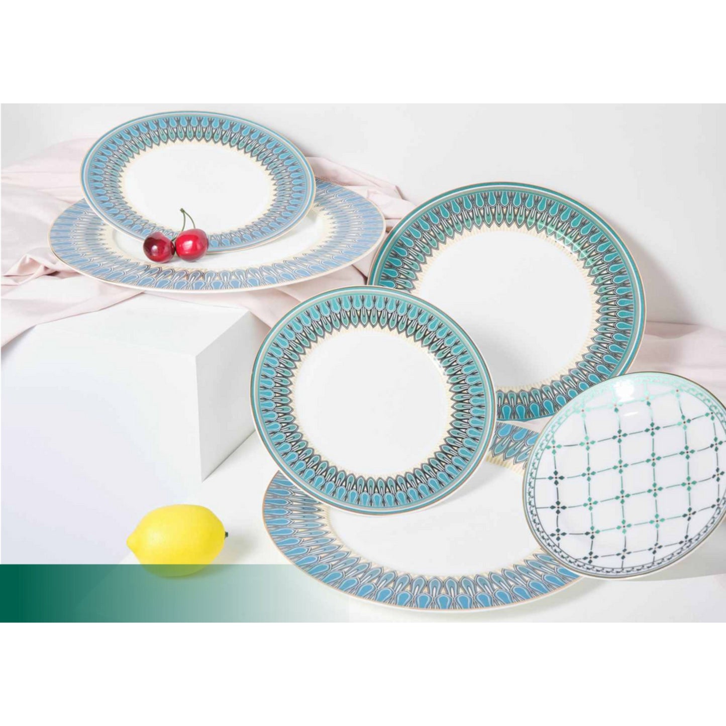 White Ceramic Dinnerware Set with Grey and Sky Blue Edge Pattern and Shiny Surface – 9-Piece Collection