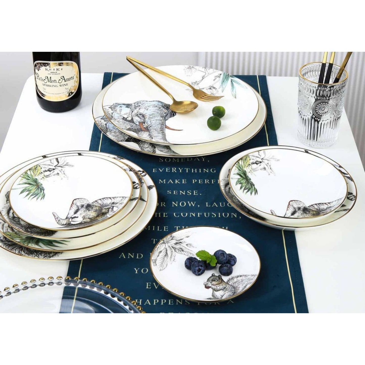 Animal-Themed White Ceramic Dinnerware Set with Golden Edges – 9-Piece Collection