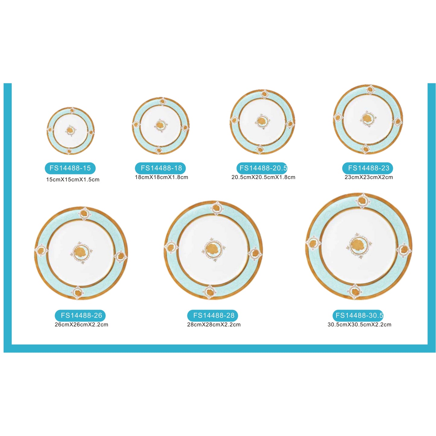 White Ceramic Dinnerware Set with Golden and Sky Blue Floral Pattern and Shiny Surface – 7-Piece Collection