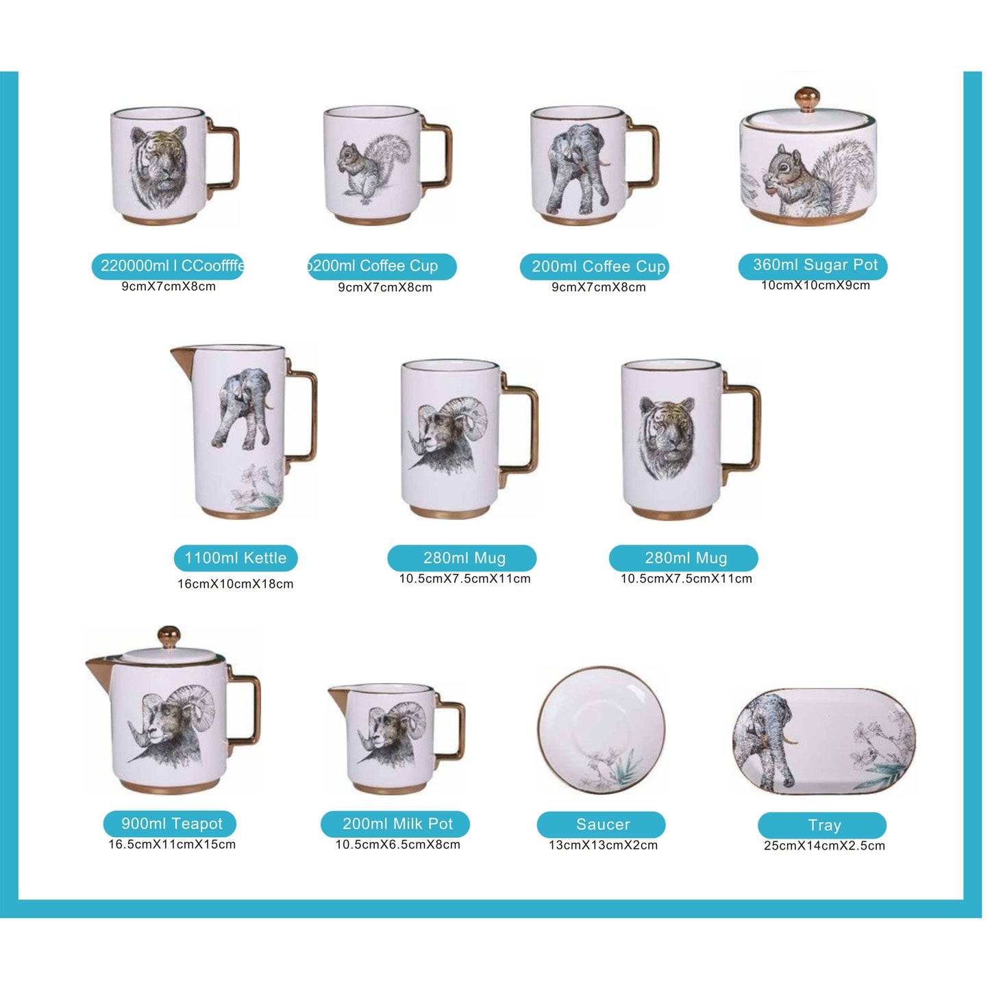 Here’s the listing for your white set with animal faces, golden edges, and shiny surface: