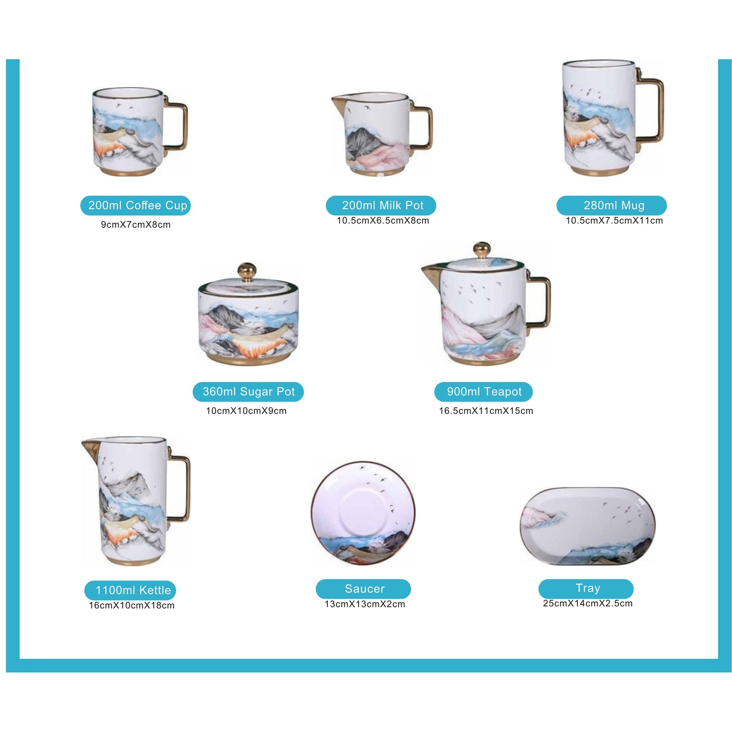 White Ceramic Tea and Coffee Set with Colorful Mountain Design, Golden Edges, and Shiny Surface – 8-Piece Collection