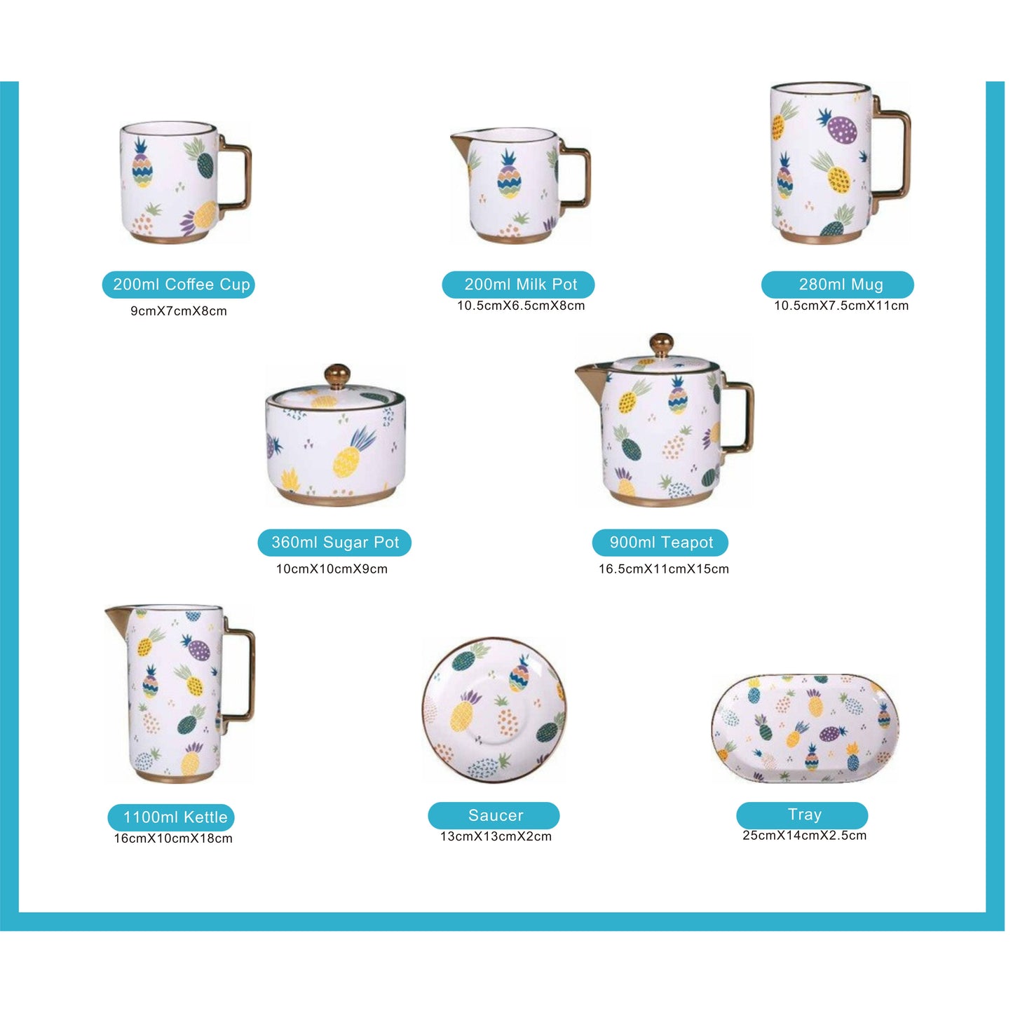 White Ceramic Tea and Coffee Set with Colorful Pineapple Pattern, Golden Edges, and Shiny Surface – 8-Piece Collection