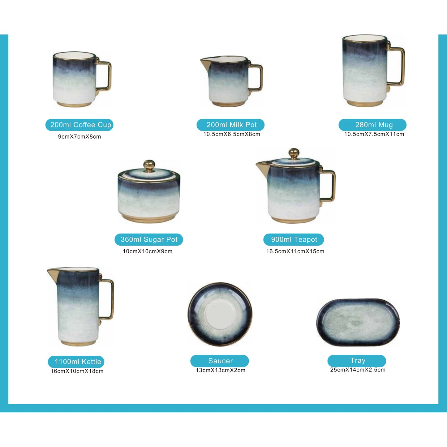White Ceramic Tea and Coffee Set with Dark Blue Smokey Effect, Golden Edges, and Shiny Surface – 8-Piece Collection