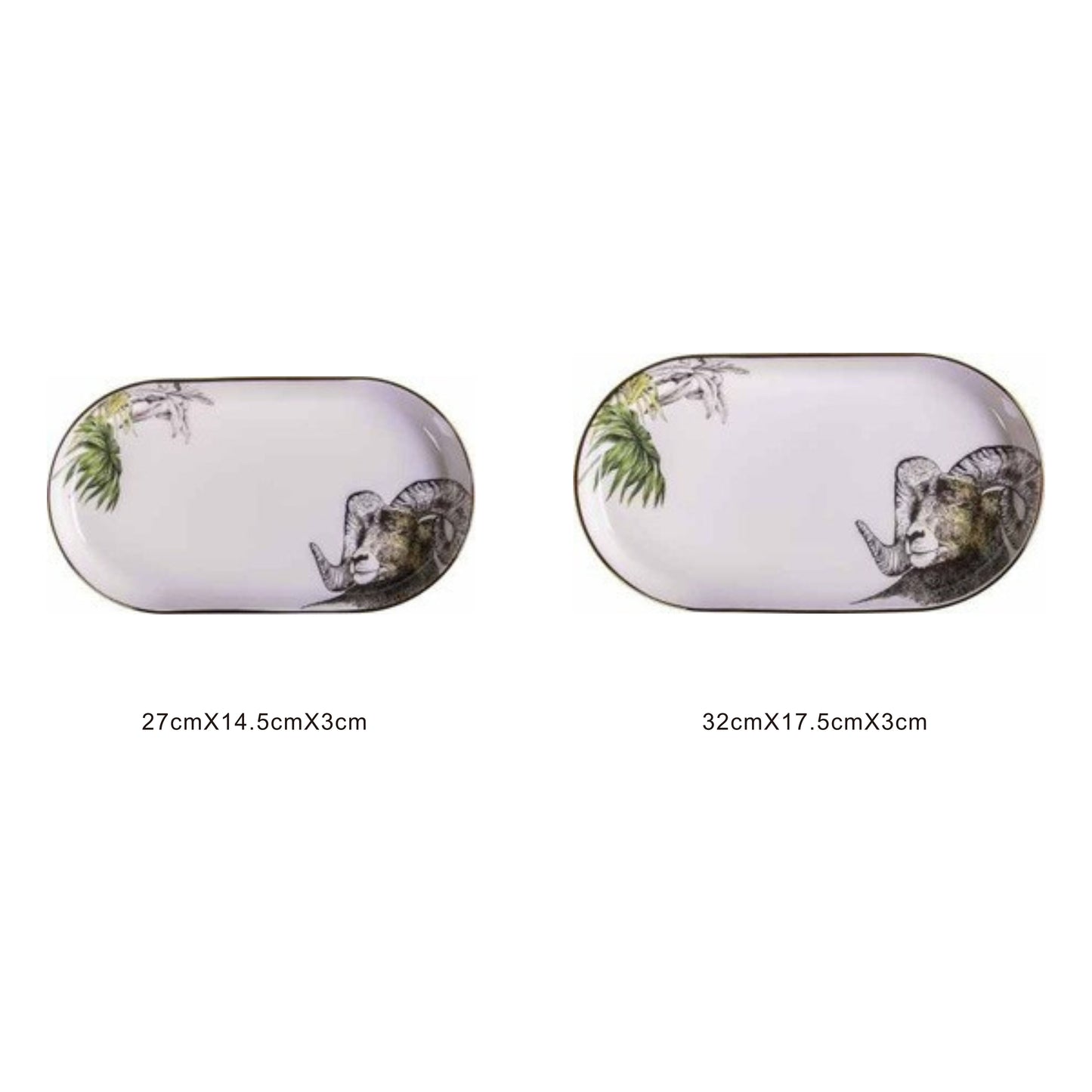 White ceramic pill-shaped serving dish with animal face design, golden edges, and shiny surface