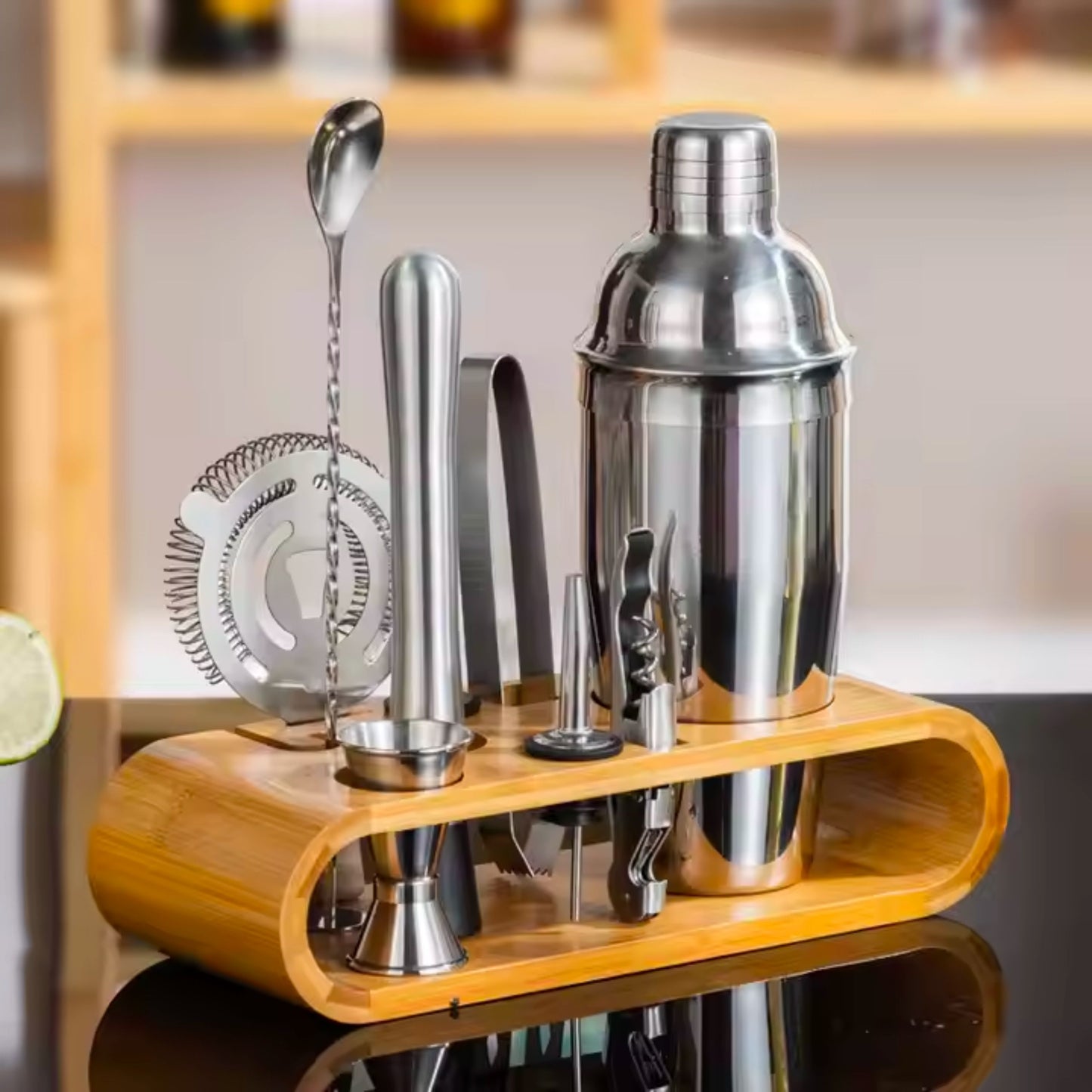 Premium Stainless Steel Cocktail Shaker Set – 9-Piece Bartender Kit with Wooden Stand