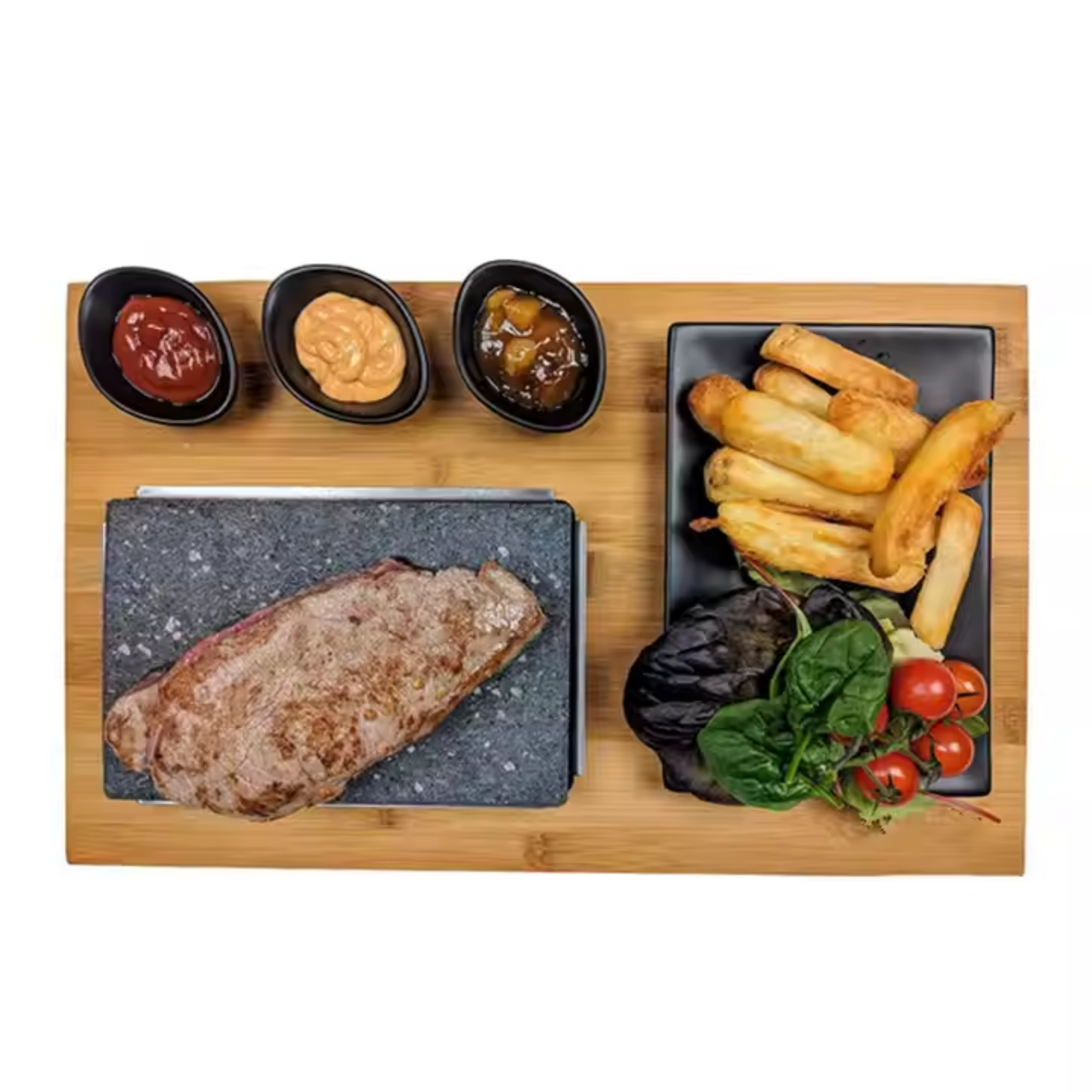 Bamboo Cooking Stone Set with Granite and Melamine Trays