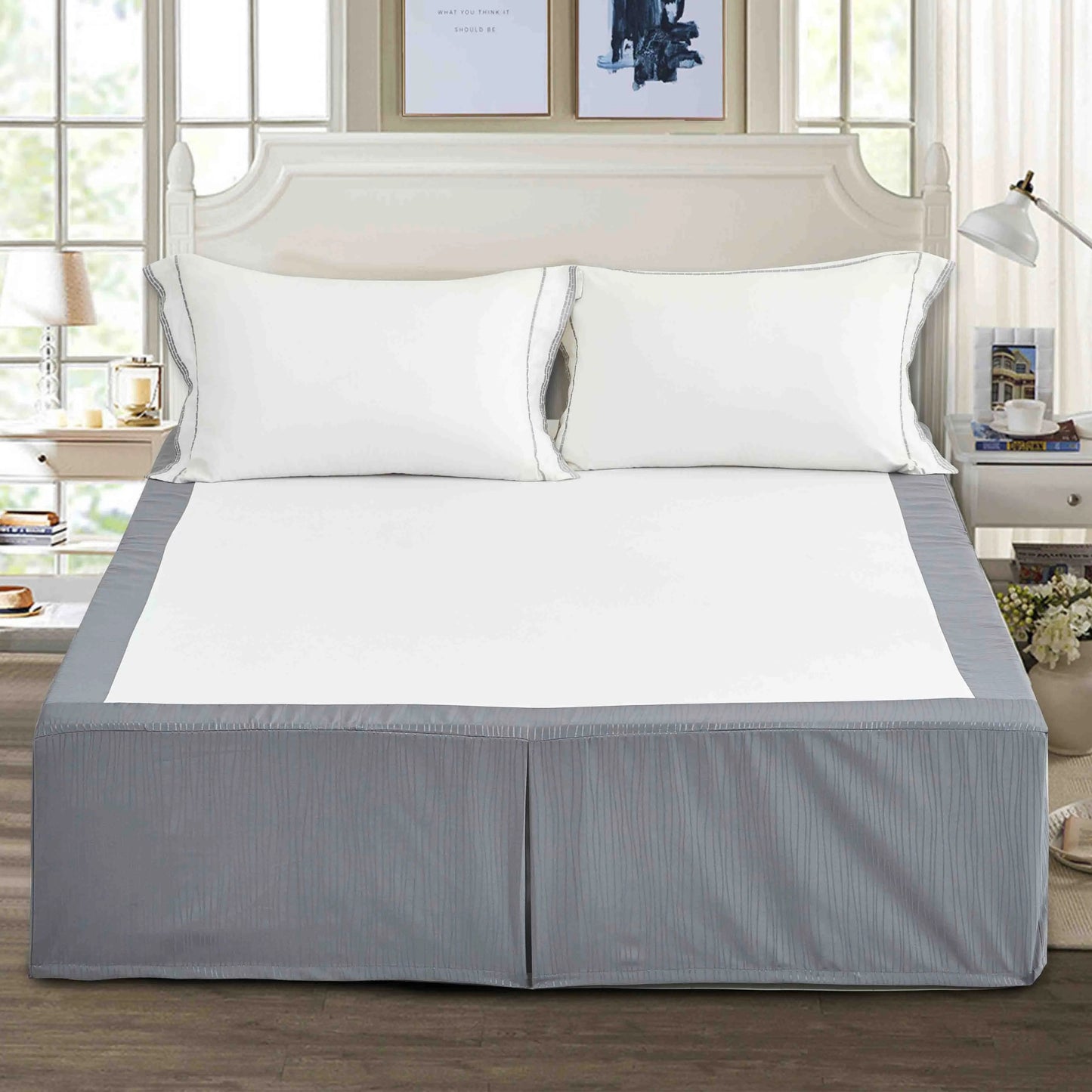 Elegant Grey Polyester Bed Skirt – Wrinkle-Resistant Dust Ruffle for Queen & King Beds