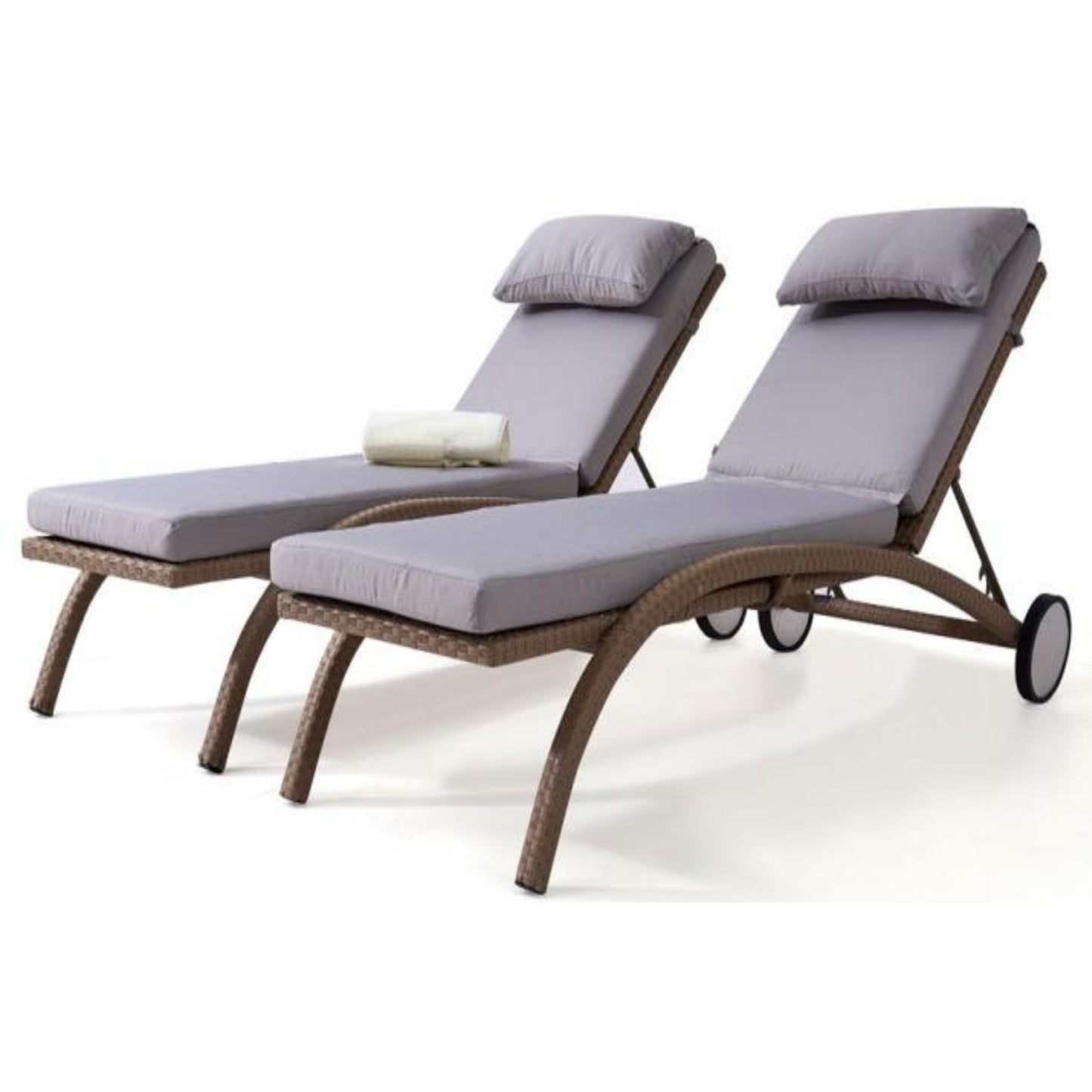 Flat Rattan Sun Lounger with Wheels and Outdoor Cushion