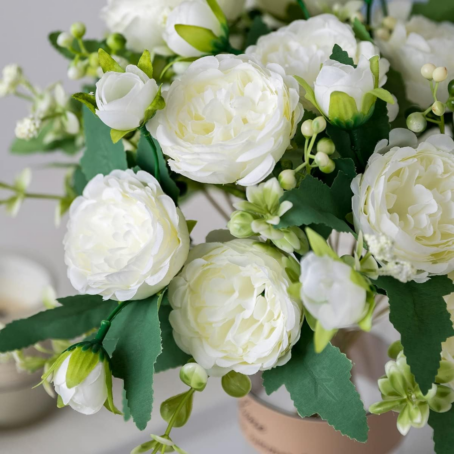 Artificial Silk Peony Flowers in White – 77cm
