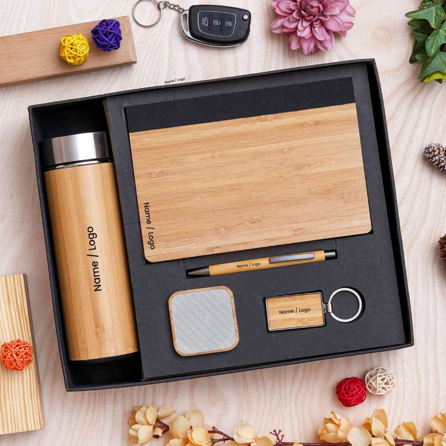 Personalized Bamboo Bottle, Speaker & Diary Gift Set