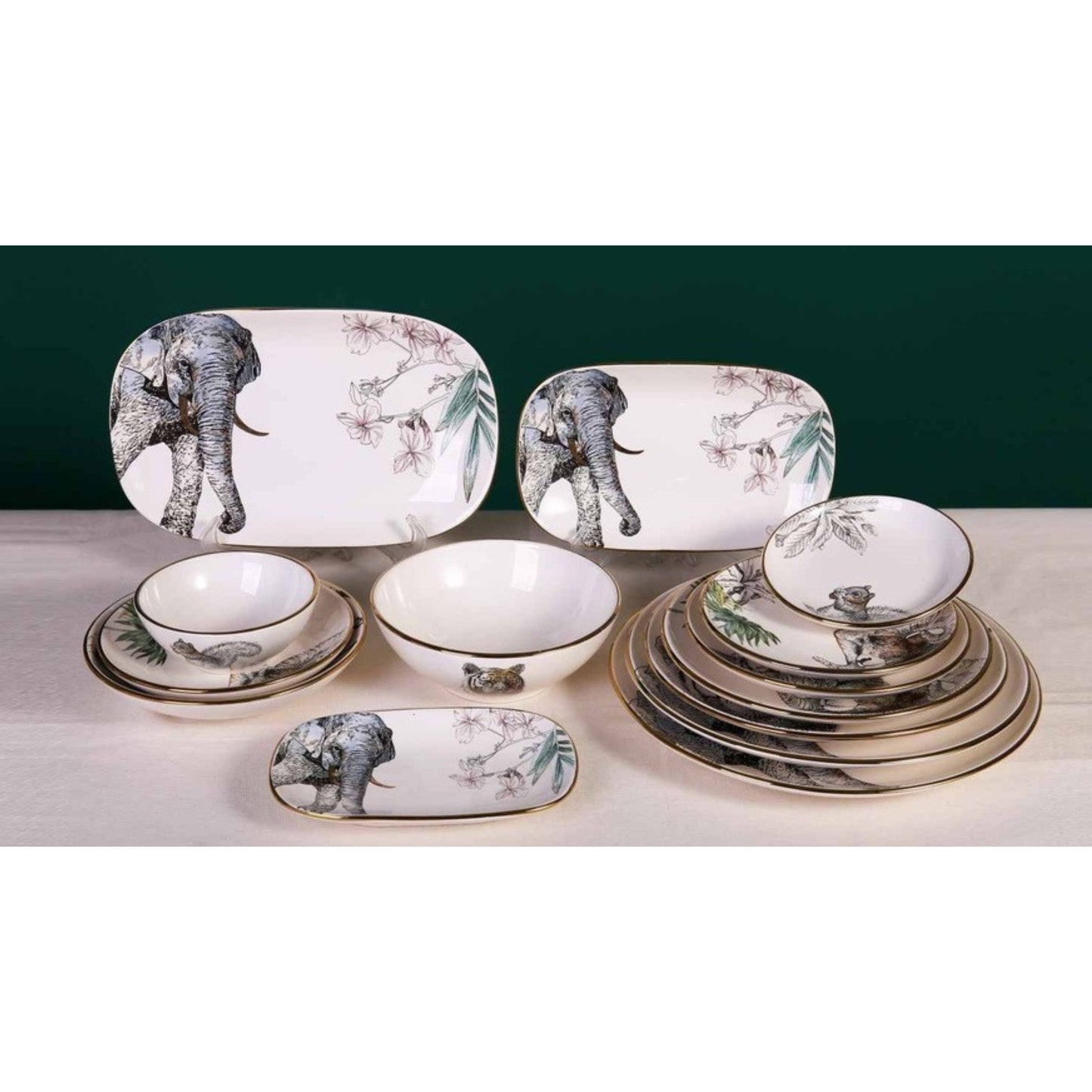 Light Gray Animal Face Ceramic Dinnerware Set – 14-Piece Collection with Shiny Finish