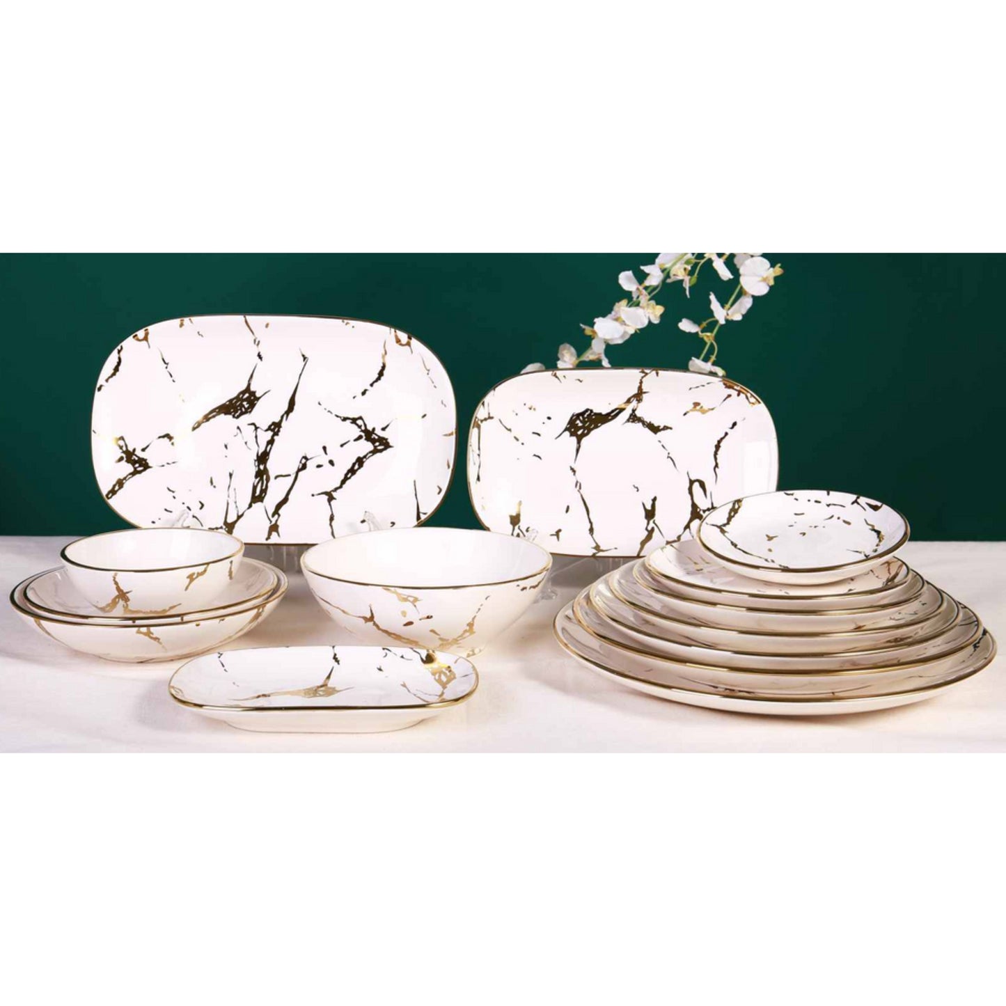 Cream Marble Effect Ceramic Dinnerware Set with Shiny Surface and Golden Edges – 14-Piece Collection
