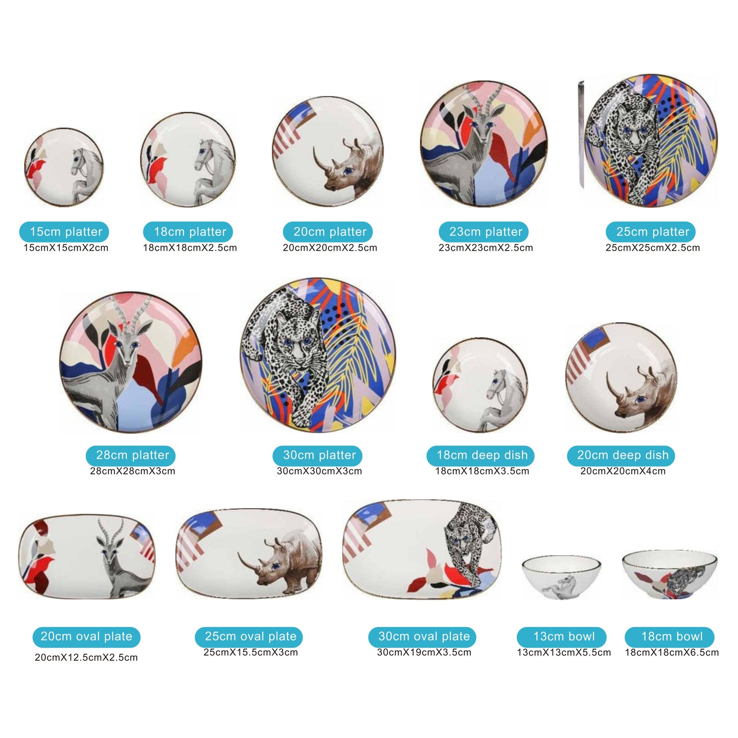 White Ceramic Dinnerware Set with Colorful Animal Design and Shiny Surface – 14-Piece Collection