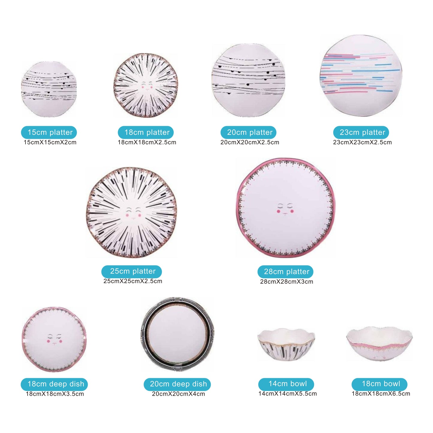 White Ceramic & Porcelain 10-Piece Dinnerware Set with Colorful Lines and Smiley Pattern, Shiny Surface