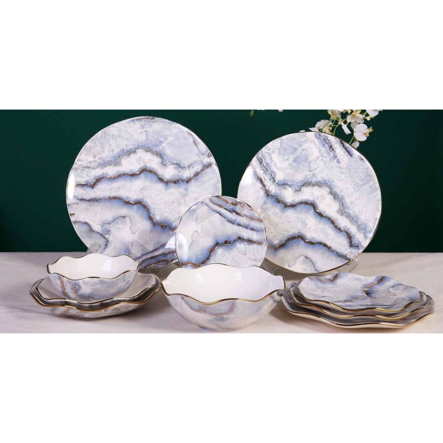 Grey Ceramic & Porcelain 10-Piece Dinnerware Set with Marble Pattern and Shiny Surface