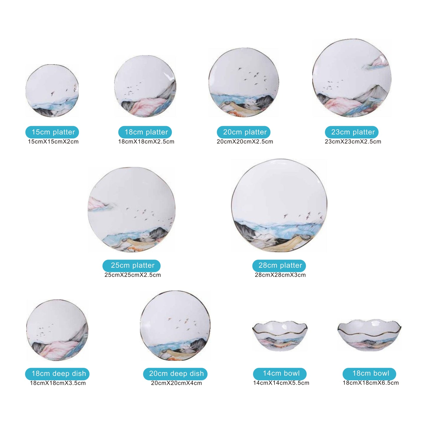 White Ceramic & Porcelain 10-Piece Dinnerware Set with Colorful Mountain Design and Shiny Surface