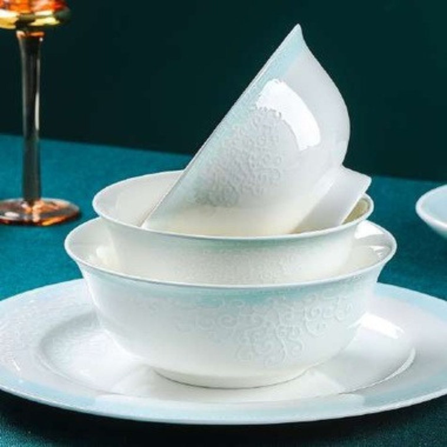Lotus Pond Aegean Sea bone china crockery set with textured dotted surface