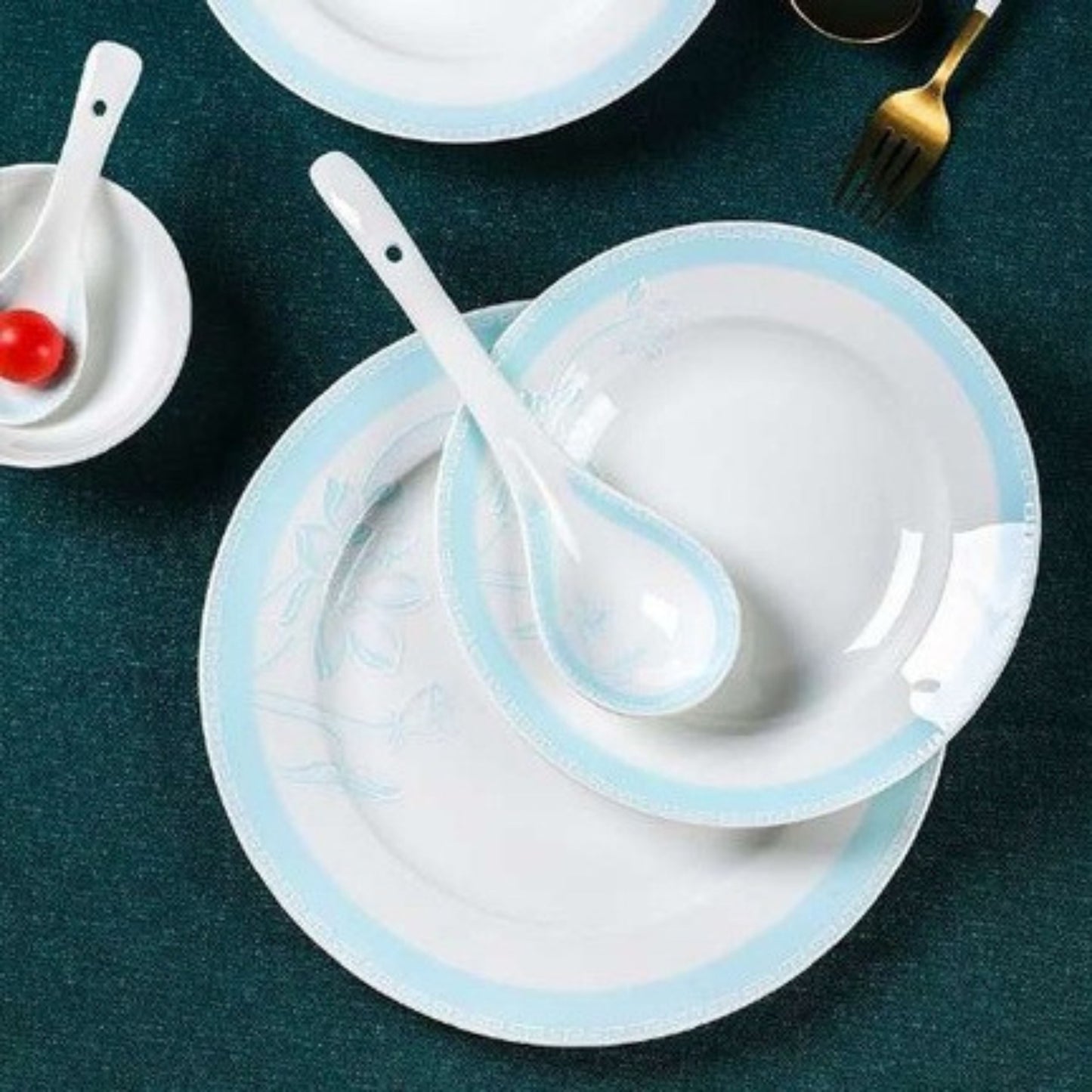Lotus Pond Moonlight bone china crockery set with simple light blue floral design