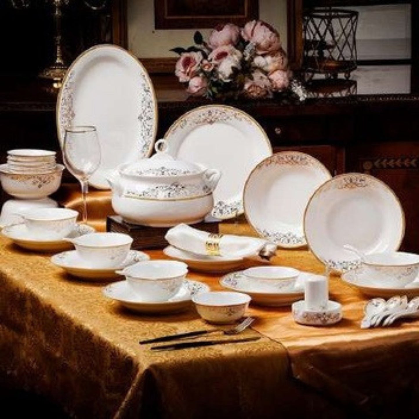 Longing Love bone china crockery set with red floral design and golden edges