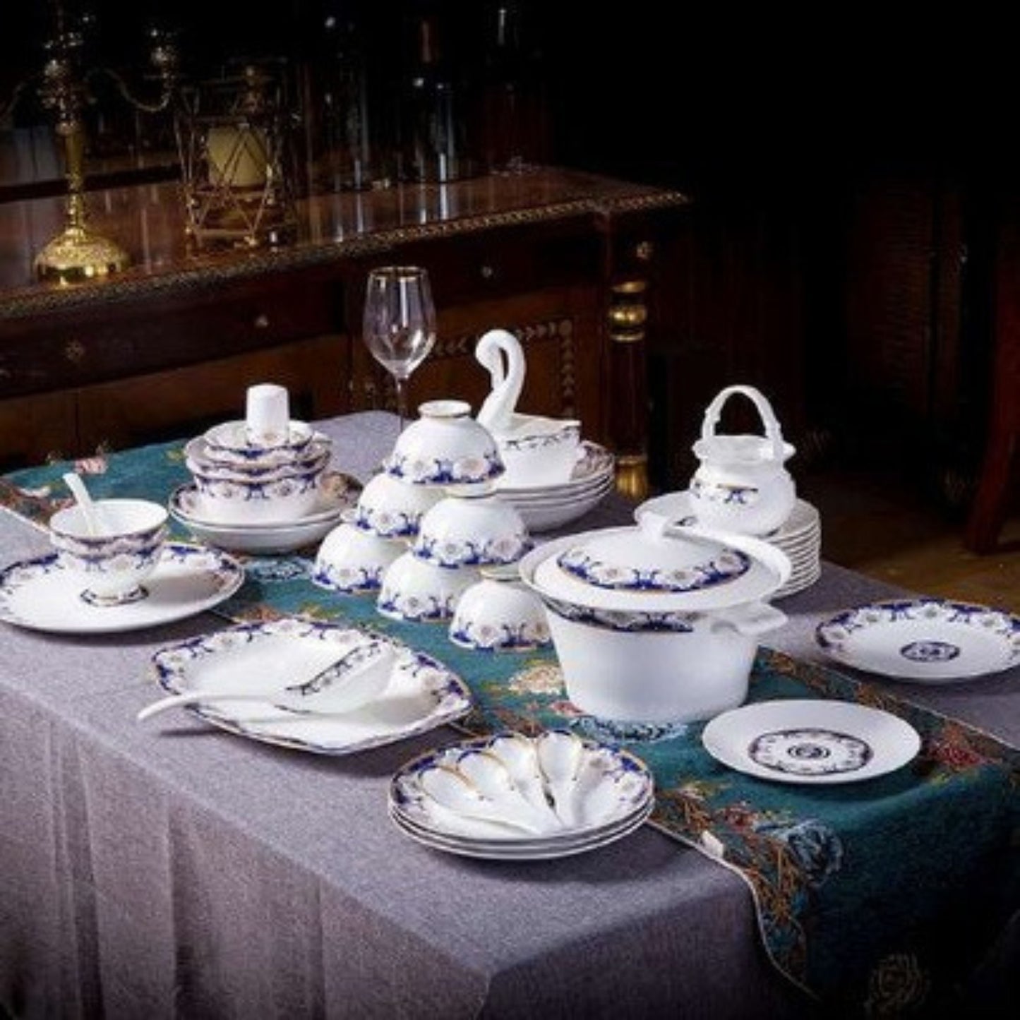Chinese Dream bone china crockery set with dark blue floral design