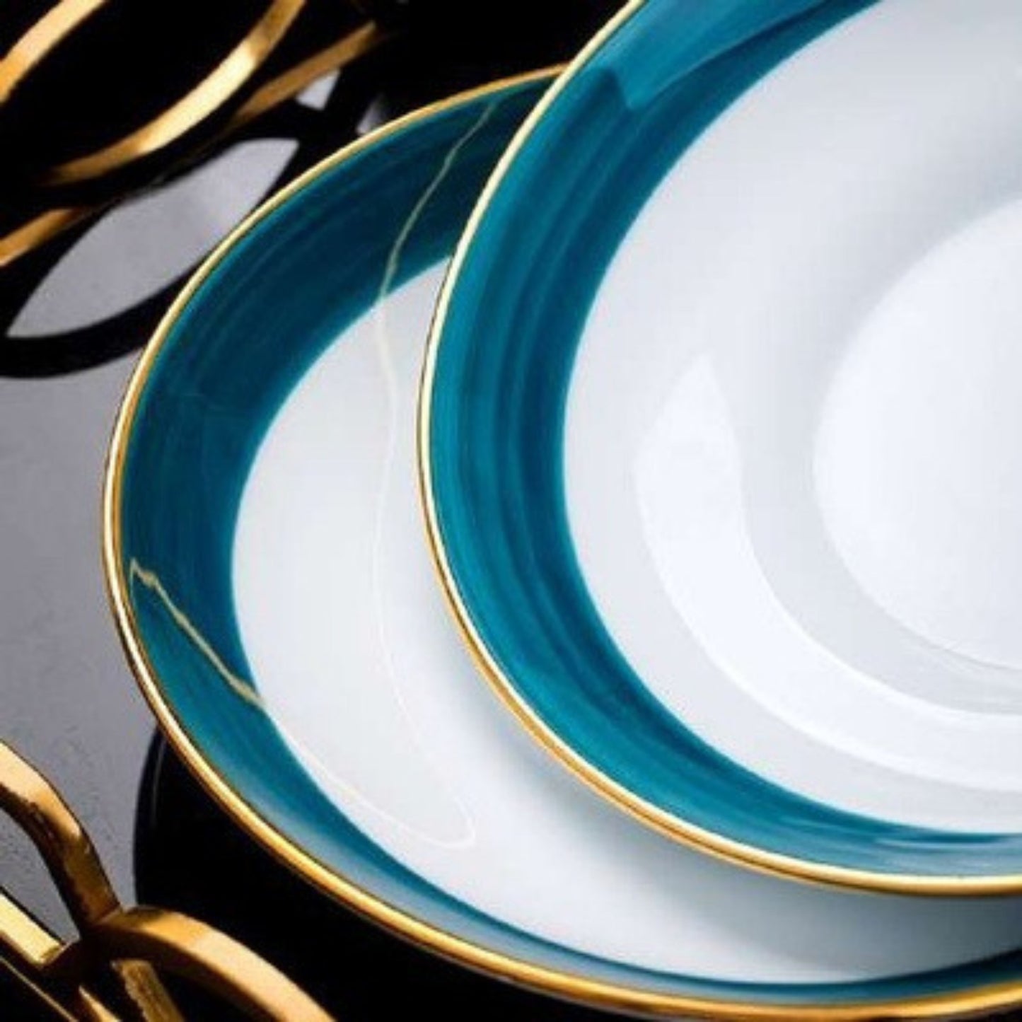Emerald Blue high-fired white porcelain crockery set