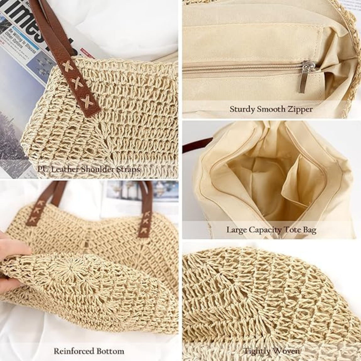 Customizable Straw Tote Bag with Zipper – Stylish & Spacious