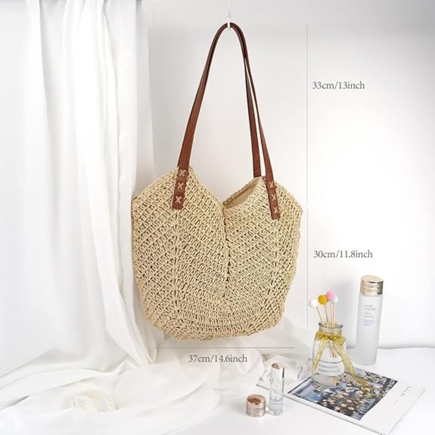 Customizable Straw Tote Bag with Zipper – Stylish & Spacious