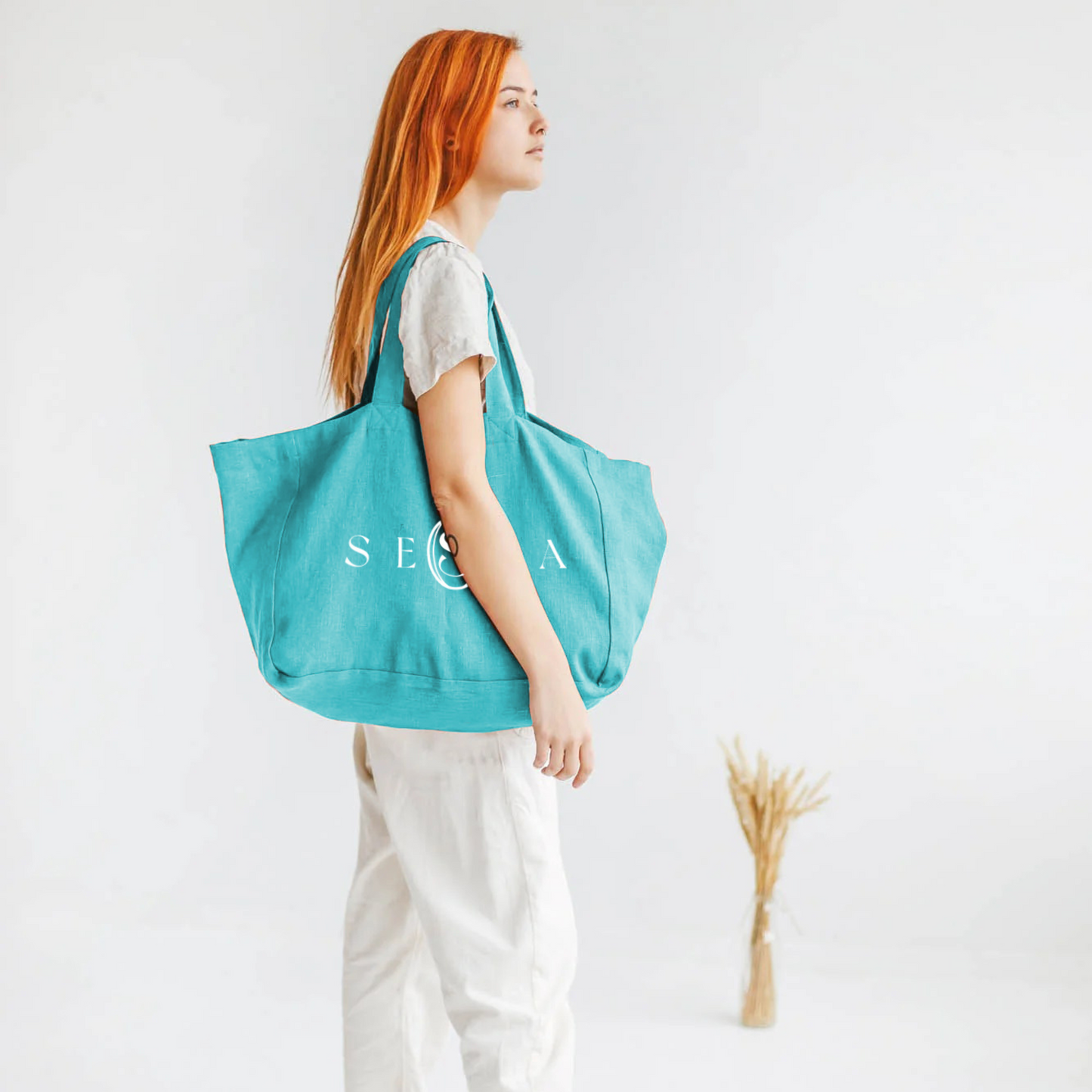 Linen Beach Bag – Large 12oz Polyester Cotton Tote with Inner Pockets & Custom Logo
