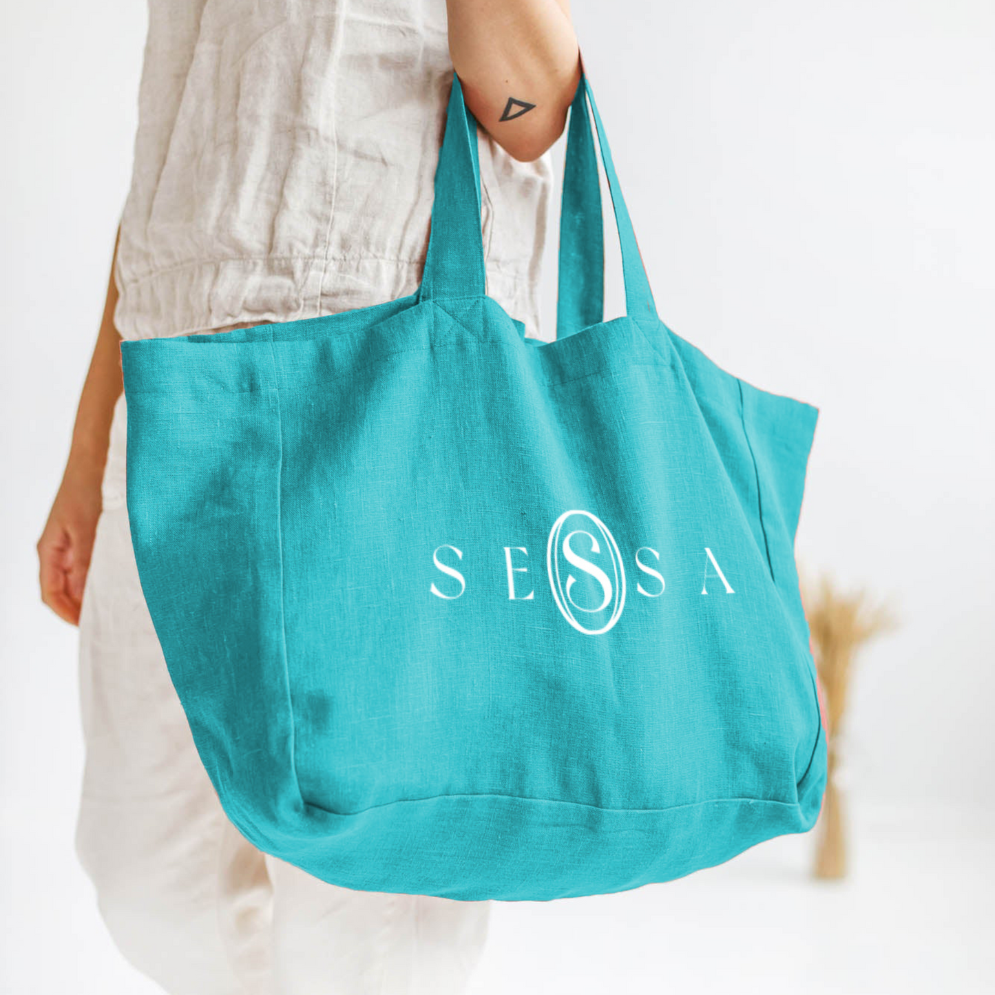 Linen Beach Bag – Large 12oz Polyester Cotton Tote with Inner Pockets & Custom Logo