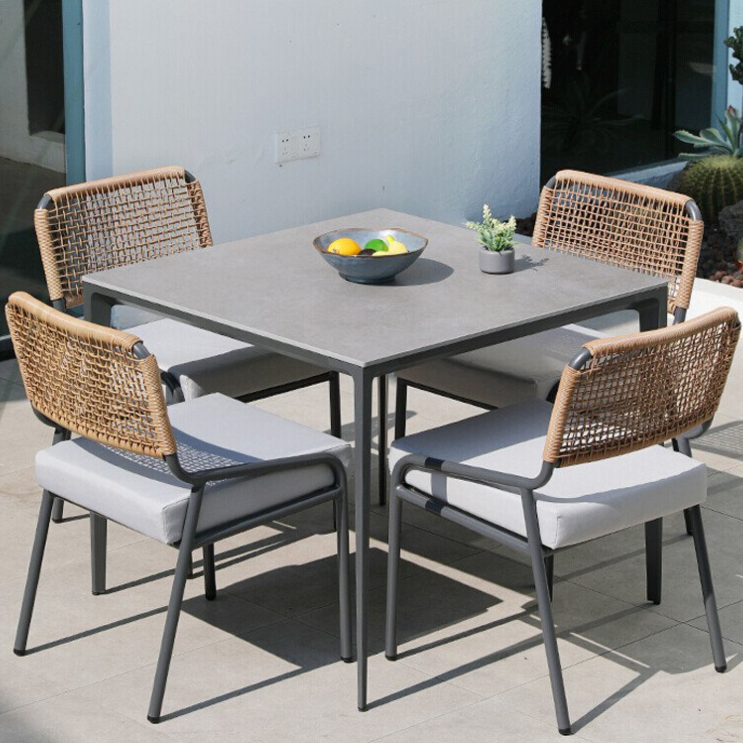 Modern Outdoor Dining & Patio Set – Slat Top Table & Aluminum Rope Chairs