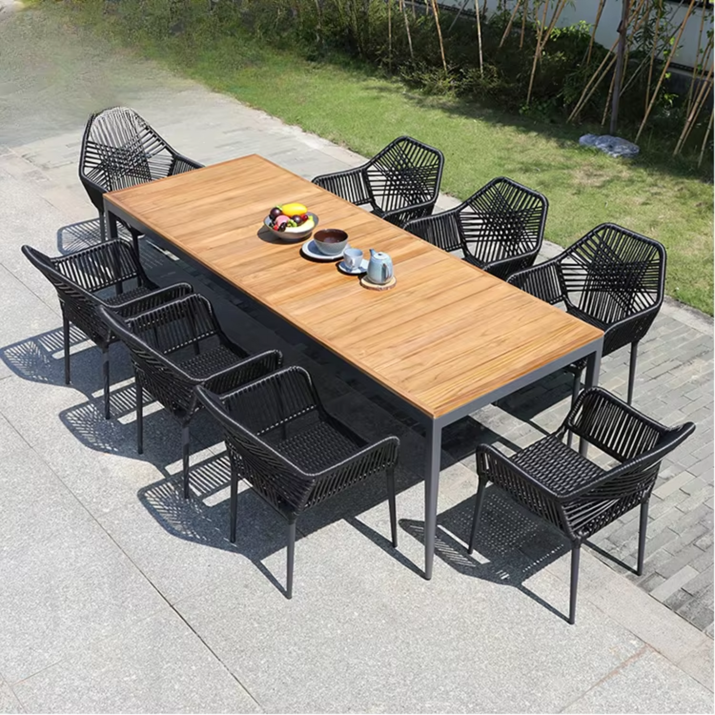 Elegant Outdoor Dining & Patio Set – Wood & Aluminum Table with Rope Chairs