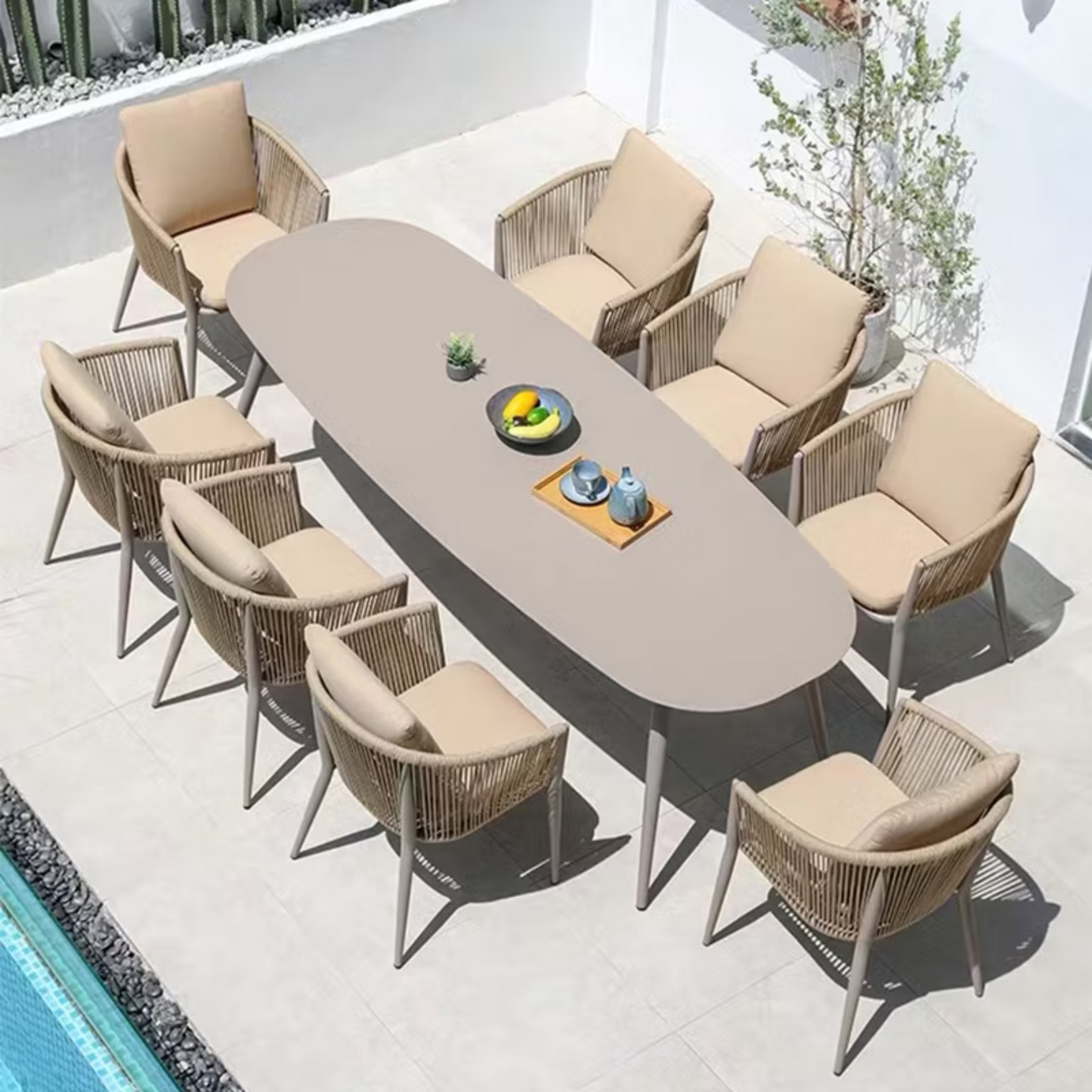 Modern Aluminum Outdoor Dining & Lounge Set – Rope-Weave Chairs