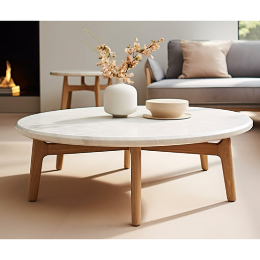 Round Wood & Marble Coffee Table – 80cm Diameter x 35cm Height