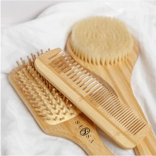 Eco-Friendly Bamboo Hair Brush and Comb Set