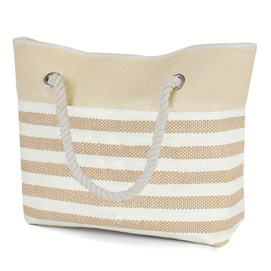 Striped Fabric Tote Bag with Sequin Embroidery