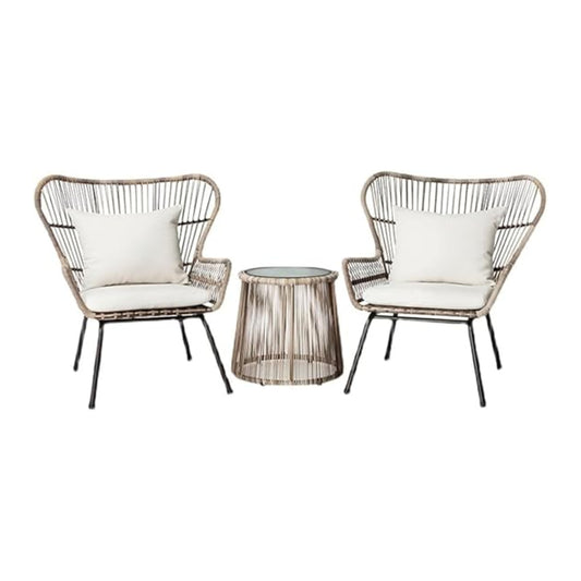 Bohemian Outdoor Patio Set – Woven Chairs & Glass-Top Table