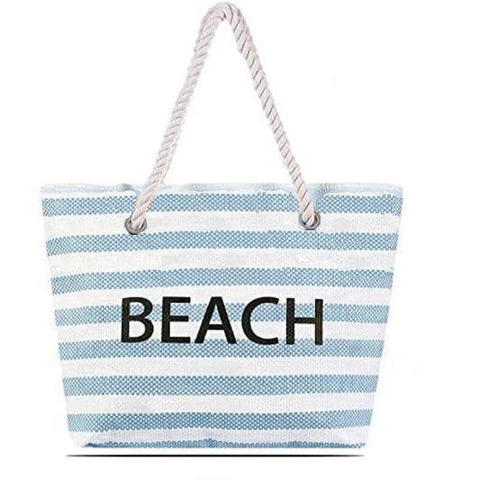 Striped Fabric Tote Bag with Printed and Embroidered Design