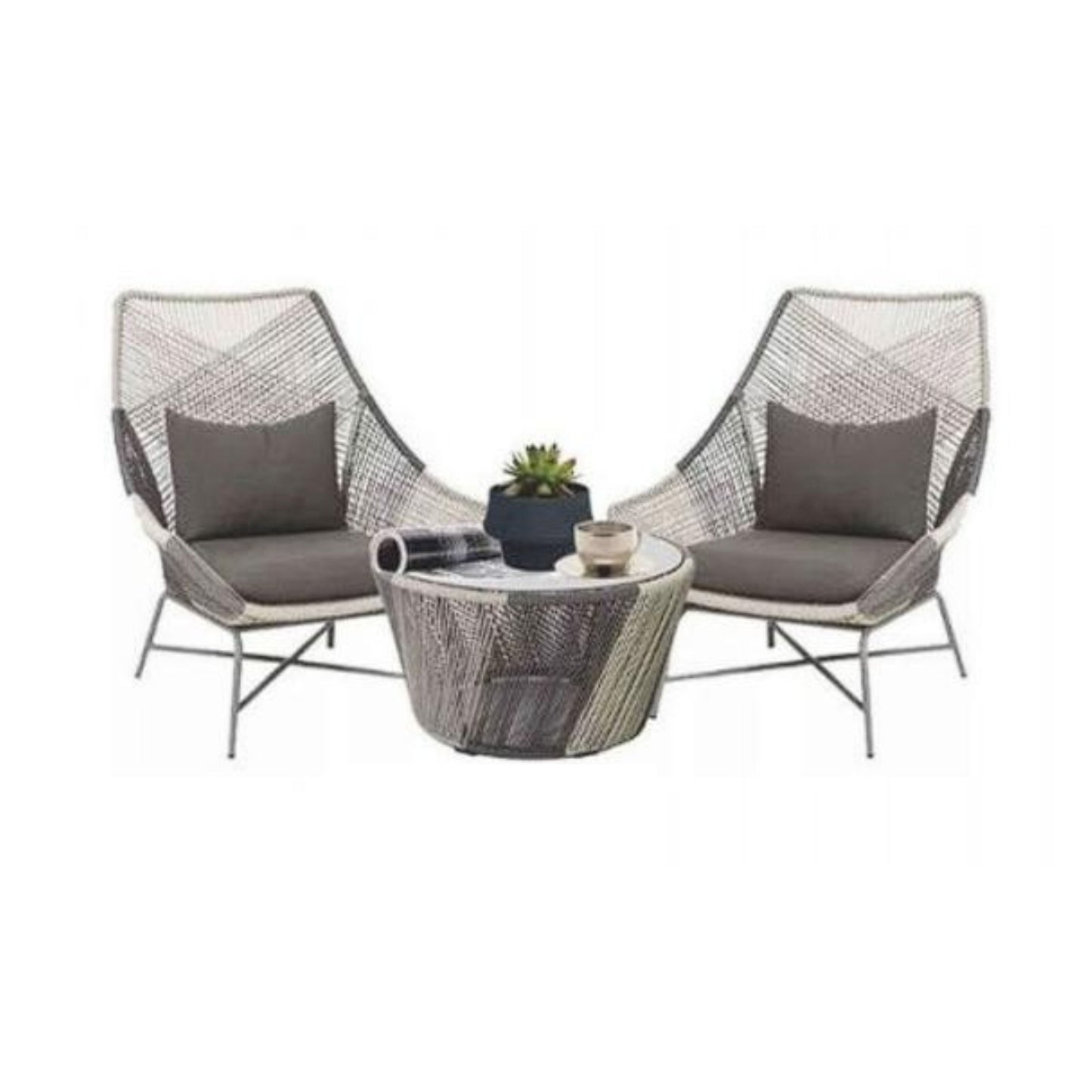 Contemporary Woven Rope Patio Set – High-Back Chairs & Glass-Top Table