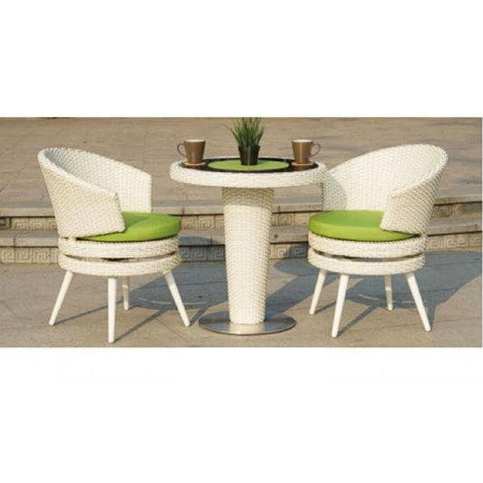 White Wicker Patio Bistro Set – Round Table & Swivel Chairs with Cushions