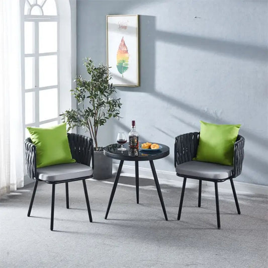 Modern Rope Woven Patio Bistro Set – Glass-Top Table & Cushioned Chairs