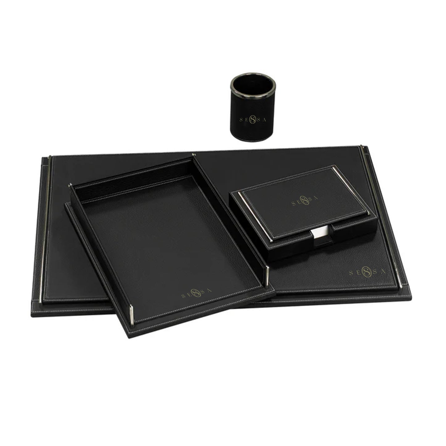 Black Leather Desktop Stationery Set – Luxury Office Accessory